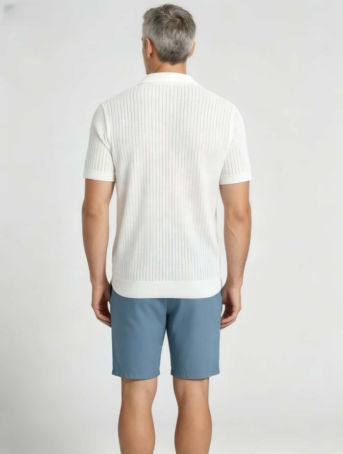 Solid Vertical Textured V-Collar Knit Polo, Slim Fit Short Sleeve Minimalist Pullover for Men - Image 13