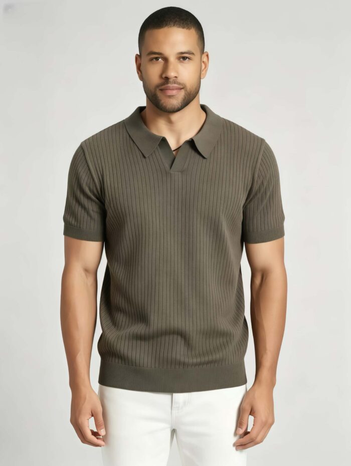 Solid Vertical Textured V-Collar Knit Polo, Slim Fit Short Sleeve Minimalist Pullover for Men - Image 2