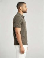 Solid Vertical Textured V-Collar Knit Polo, Slim Fit Short Sleeve Minimalist Pullover for Men