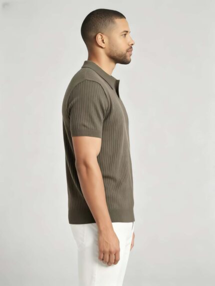 Solid Vertical Textured V-Collar Knit Polo, Slim Fit Short Sleeve Minimalist Pullover for Men