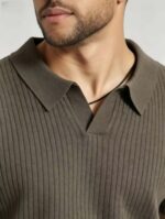 Solid Vertical Textured V-Collar Knit Polo, Slim Fit Short Sleeve Minimalist Pullover for Men - Image 3