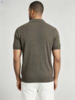 Solid Vertical Textured V-Collar Knit Polo, Slim Fit Short Sleeve Minimalist Pullover for Men - Image 4