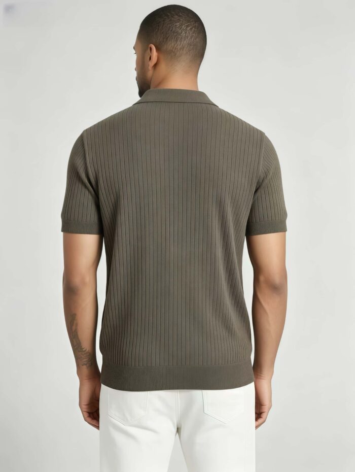 Solid Vertical Textured V-Collar Knit Polo, Slim Fit Short Sleeve Minimalist Pullover for Men - Image 4