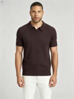 Solid Vertical Textured V-Collar Knit Polo, Slim Fit Short Sleeve Minimalist Pullover for Men - Image 14