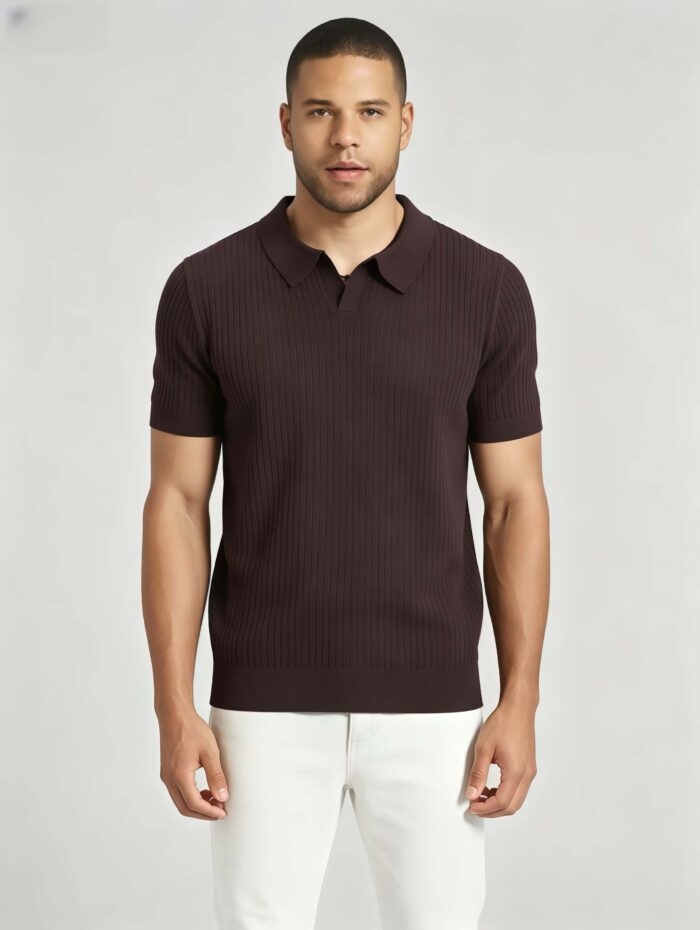 Solid Vertical Textured V-Collar Knit Polo, Slim Fit Short Sleeve Minimalist Pullover for Men - Image 14
