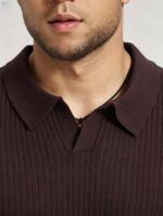 Solid Vertical Textured V-Collar Knit Polo, Slim Fit Short Sleeve Minimalist Pullover for Men - Image 16