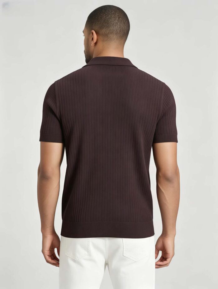 Solid Vertical Textured V-Collar Knit Polo, Slim Fit Short Sleeve Minimalist Pullover for Men - Image 17