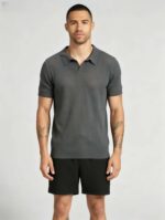 Solid Vertical Textured V-Collar Knit Polo, Slim Fit Short Sleeve Minimalist Pullover for Men - Image 18