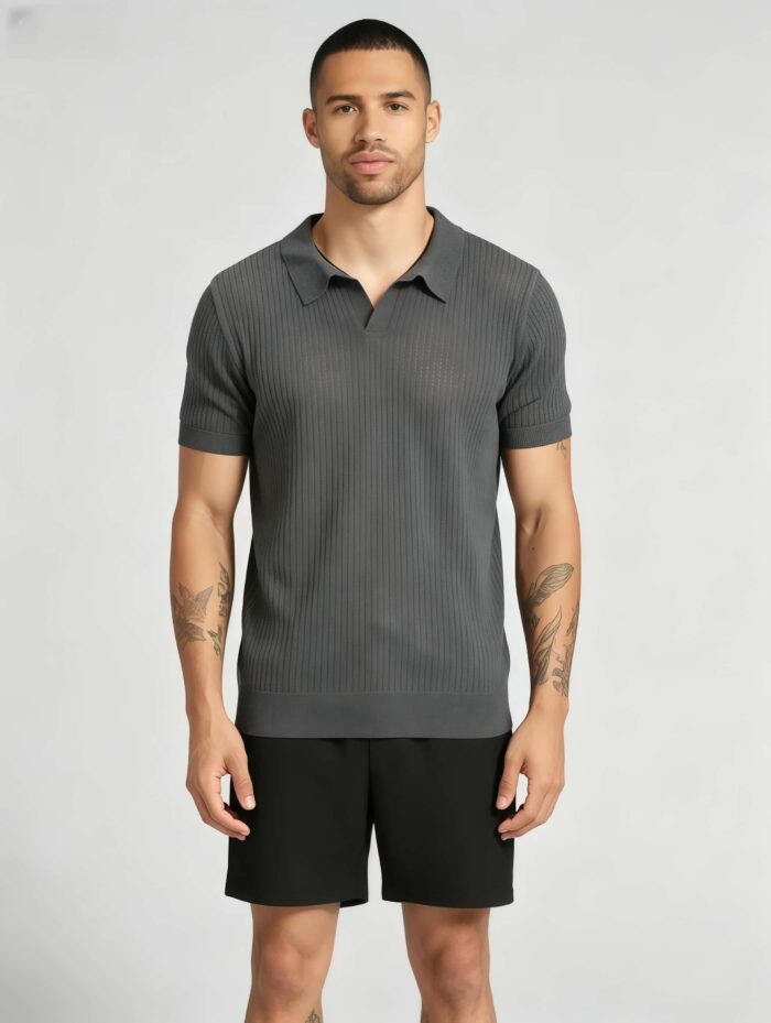 Solid Vertical Textured V-Collar Knit Polo, Slim Fit Short Sleeve Minimalist Pullover for Men - Image 18