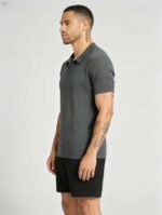 Solid Vertical Textured V-Collar Knit Polo, Slim Fit Short Sleeve Minimalist Pullover for Men - Image 19