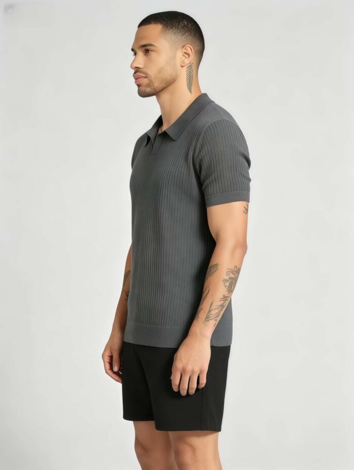 Solid Vertical Textured V-Collar Knit Polo, Slim Fit Short Sleeve Minimalist Pullover for Men - Image 19