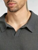 Solid Vertical Textured V-Collar Knit Polo, Slim Fit Short Sleeve Minimalist Pullover for Men - Image 20