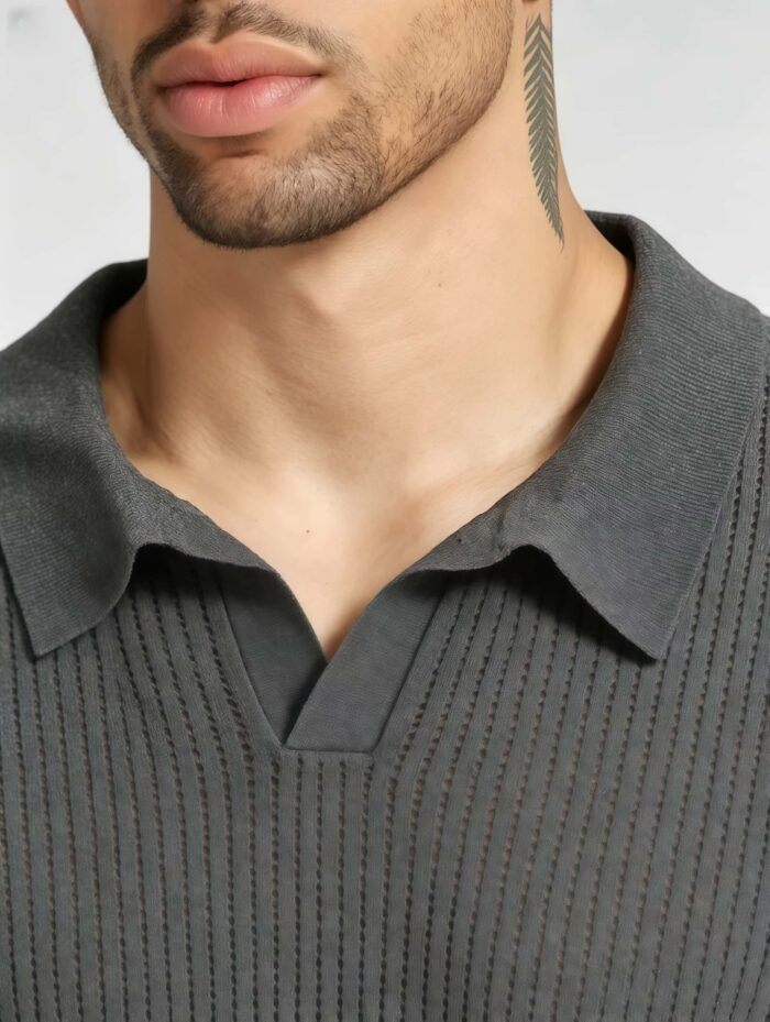 Solid Vertical Textured V-Collar Knit Polo, Slim Fit Short Sleeve Minimalist Pullover for Men - Image 20