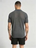Solid Vertical Textured V-Collar Knit Polo, Slim Fit Short Sleeve Minimalist Pullover for Men - Image 21