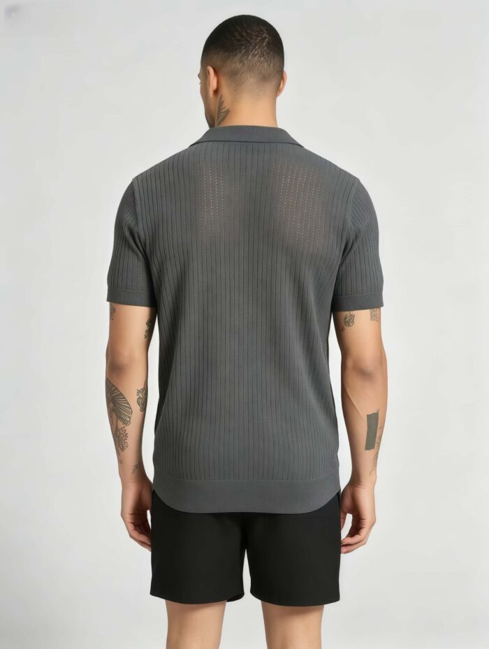 Solid Vertical Textured V-Collar Knit Polo, Slim Fit Short Sleeve Minimalist Pullover for Men - Image 21
