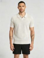 Solid Vertical Textured V-Collar Knit Polo, Slim Fit Short Sleeve Minimalist Pullover for Men - Image 22
