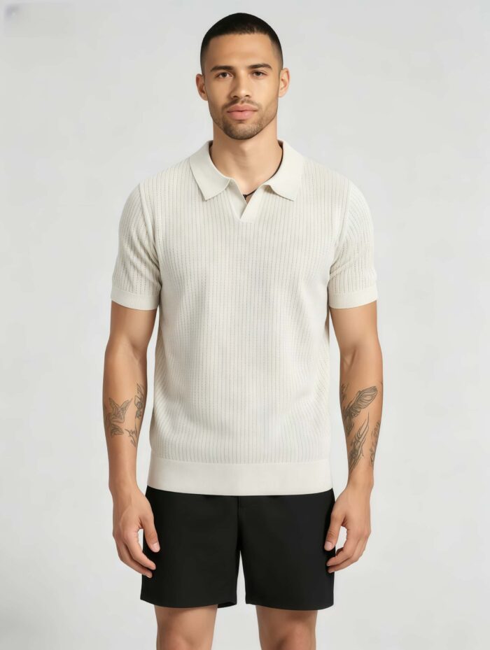 Solid Vertical Textured V-Collar Knit Polo, Slim Fit Short Sleeve Minimalist Pullover for Men - Image 22
