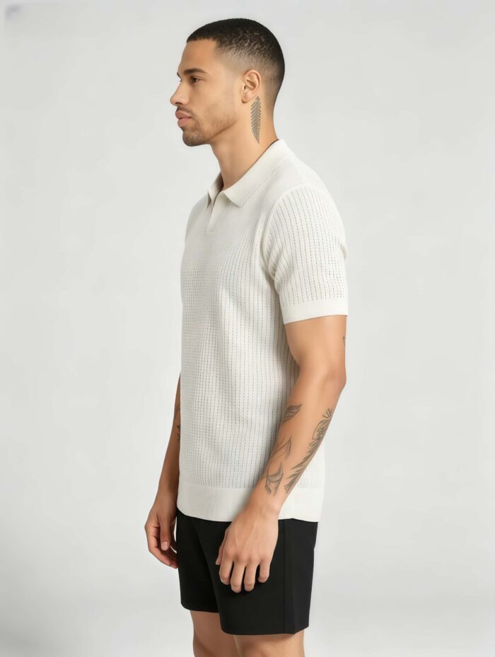 Solid Vertical Textured V-Collar Knit Polo, Slim Fit Short Sleeve Minimalist Pullover for Men - Image 23