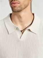 Solid Vertical Textured V-Collar Knit Polo, Slim Fit Short Sleeve Minimalist Pullover for Men - Image 24
