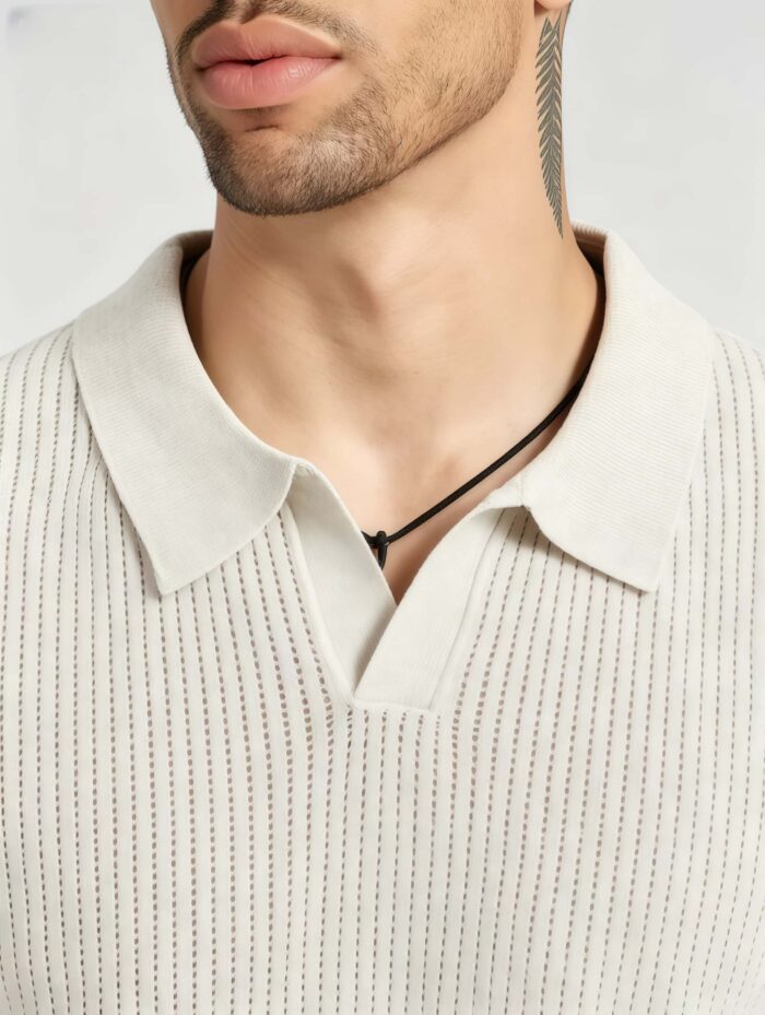 Solid Vertical Textured V-Collar Knit Polo, Slim Fit Short Sleeve Minimalist Pullover for Men - Image 24
