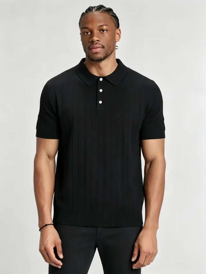 Retro Textured Henley Collar Knit Polo, Solid Slim Fit Short Sleeve Premium Pullover for Men - Image 6