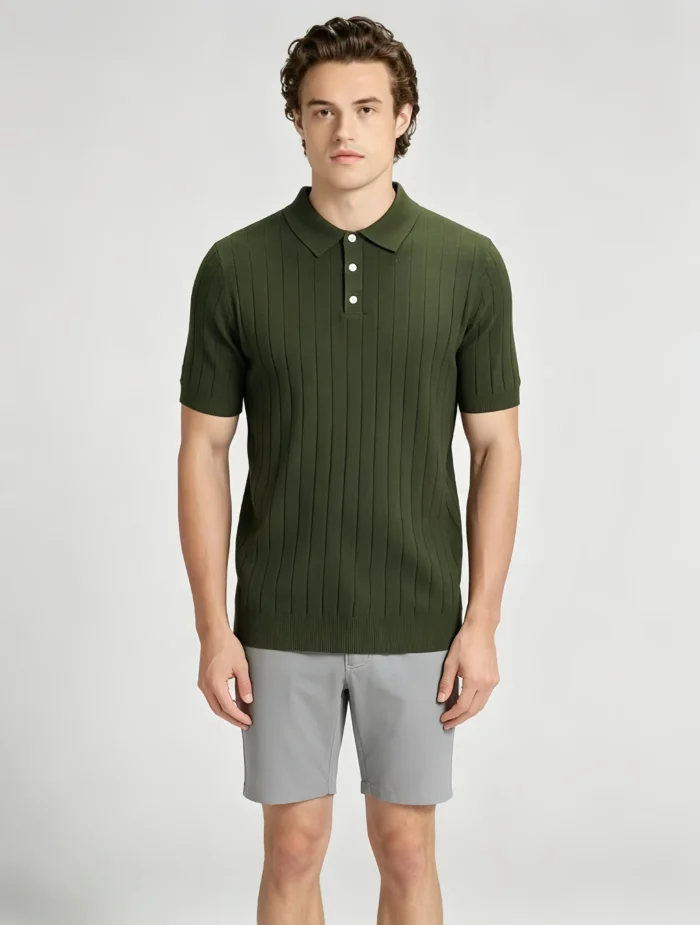Retro Textured Henley Collar Knit Polo, Solid Slim Fit Short Sleeve Premium Pullover for Men - Image 2