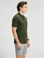 Retro Textured Henley Collar Knit Polo, Solid Slim Fit Short Sleeve Premium Pullover for Men