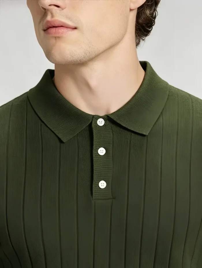 Retro Textured Henley Collar Knit Polo, Solid Slim Fit Short Sleeve Premium Pullover for Men - Image 5