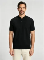 Retro Textured Henley Collar Knit Polo, Solid Slim Fit Short Sleeve Premium Pullover for Men - Image 6
