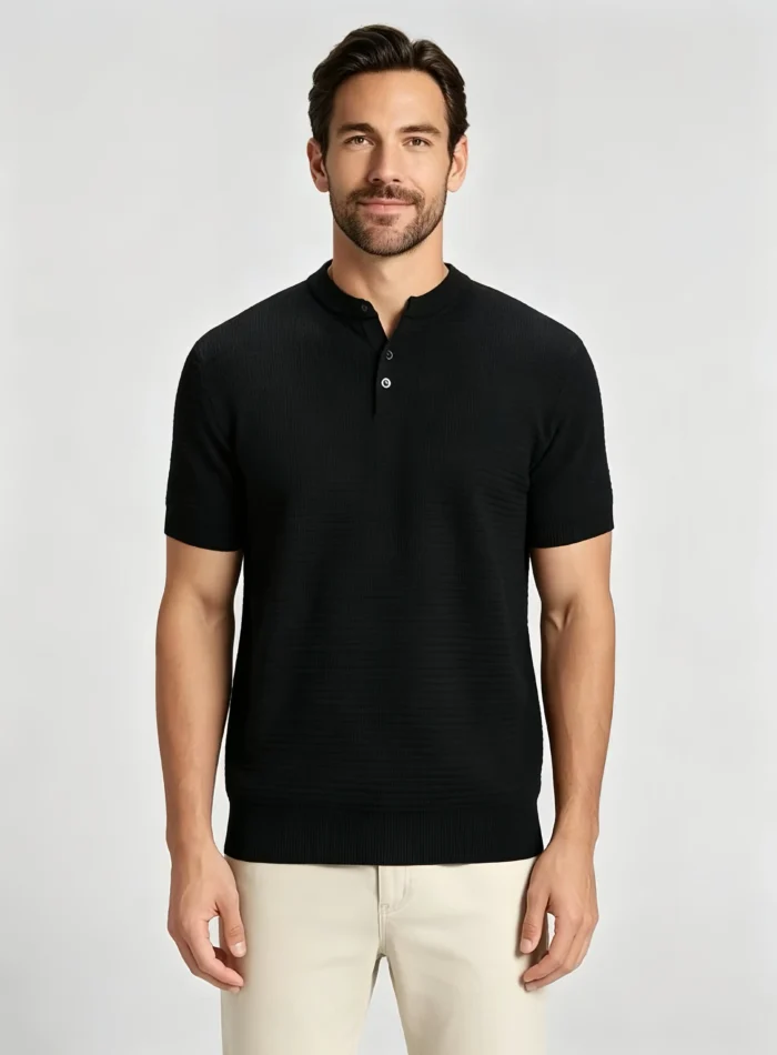 Retro Textured Henley Collar Knit Polo, Solid Slim Fit Short Sleeve Premium Pullover for Men - Image 6