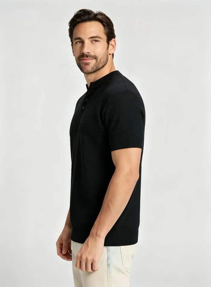 Retro Textured Henley Collar Knit Polo, Solid Slim Fit Short Sleeve Premium Pullover for Men - Image 7
