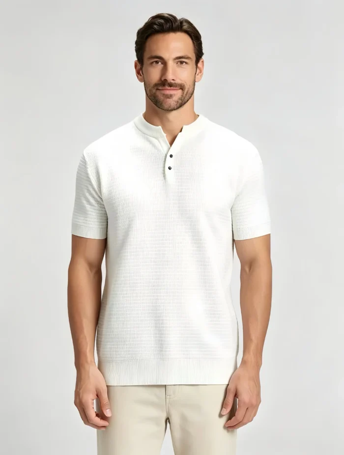 Retro Textured Henley Collar Knit Polo, Solid Slim Fit Short Sleeve Premium Pullover for Men - Image 10