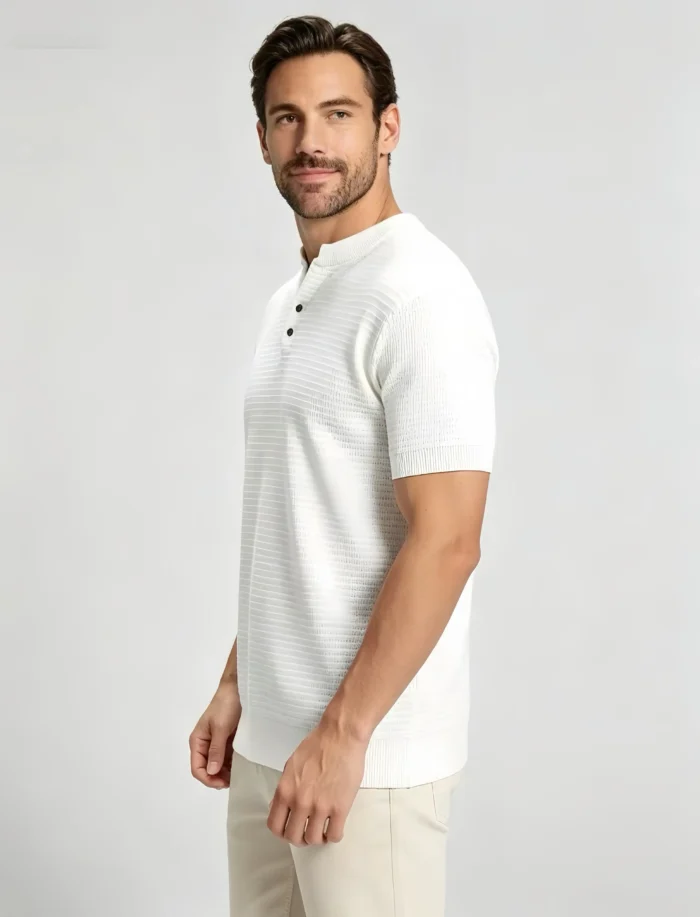 Retro Textured Henley Collar Knit Polo, Solid Slim Fit Short Sleeve Premium Pullover for Men - Image 11