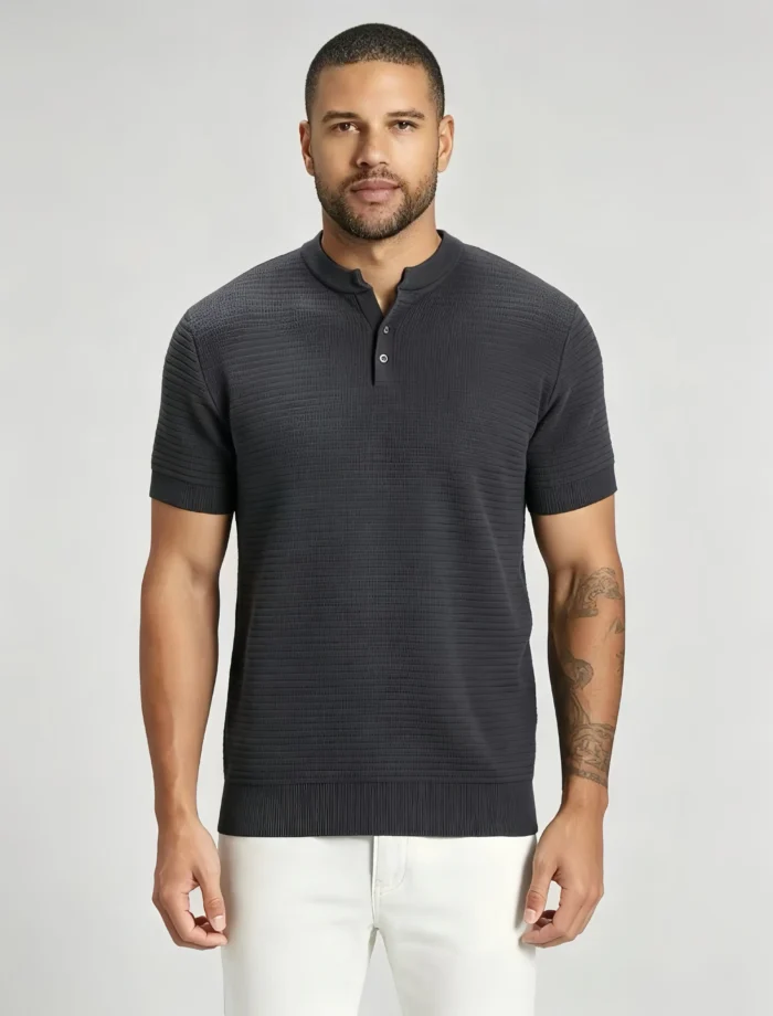 Retro Textured Henley Collar Knit Polo, Solid Slim Fit Short Sleeve Premium Pullover for Men - Image 14