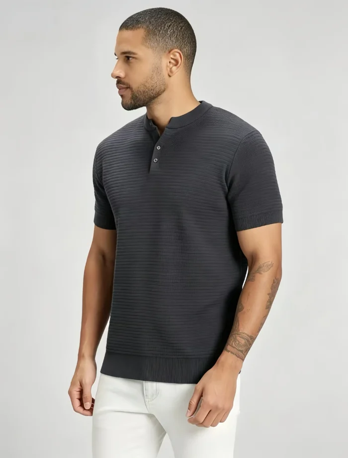Retro Textured Henley Collar Knit Polo, Solid Slim Fit Short Sleeve Premium Pullover for Men - Image 15