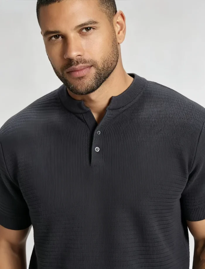 Retro Textured Henley Collar Knit Polo, Solid Slim Fit Short Sleeve Premium Pullover for Men - Image 16
