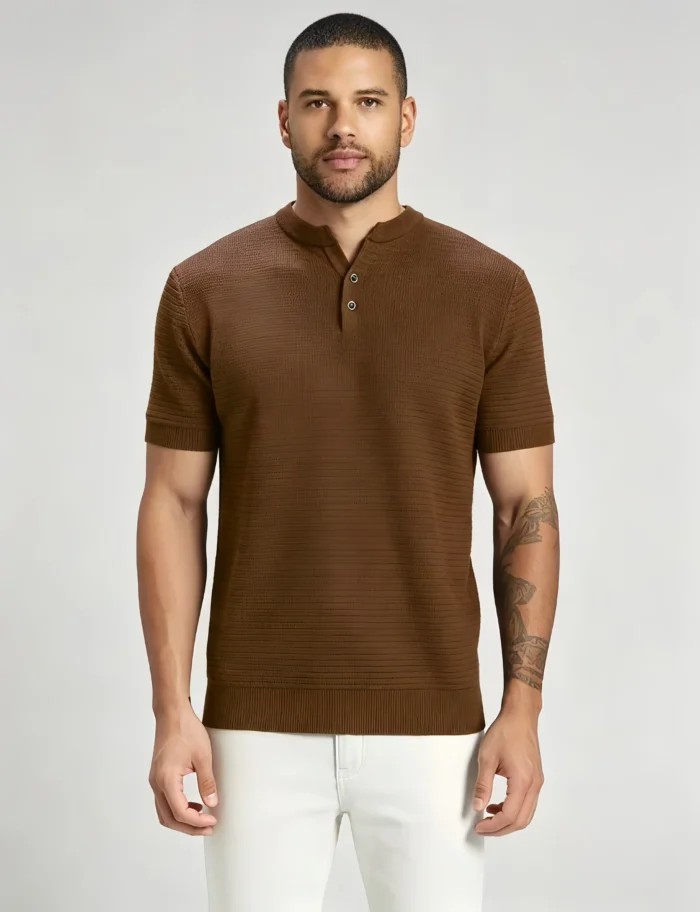 Retro Textured Henley Collar Knit Polo, Solid Slim Fit Short Sleeve Premium Pullover for Men - Image 18