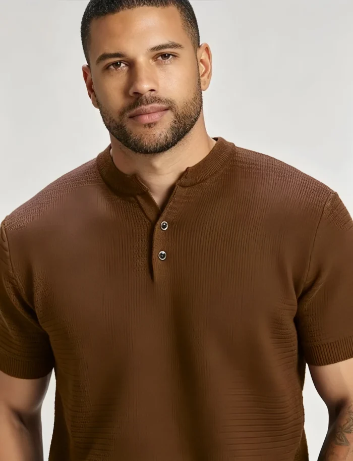 Retro Textured Henley Collar Knit Polo, Solid Slim Fit Short Sleeve Premium Pullover for Men - Image 20