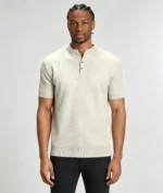Retro Textured Henley Collar Knit Polo, Solid Slim Fit Short Sleeve Premium Pullover for Men - Image 2