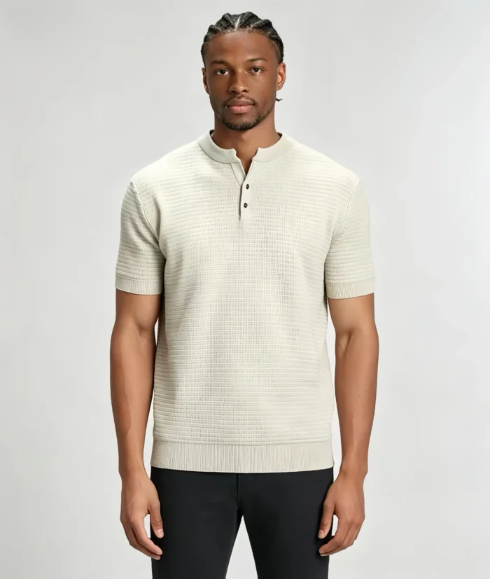 Retro Textured Henley Collar Knit Polo, Solid Slim Fit Short Sleeve Premium Pullover for Men - Image 2