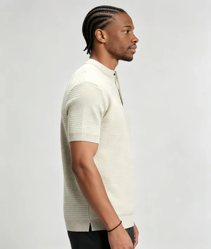 Retro Textured Henley Collar Knit Polo, Solid Slim Fit Short Sleeve Premium Pullover for Men - Image 4