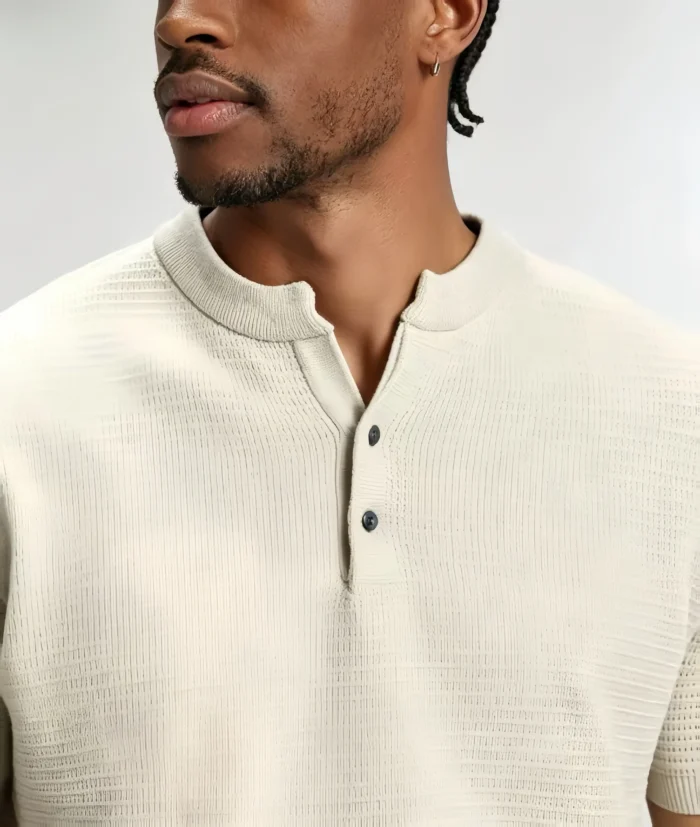 Retro Textured Henley Collar Knit Polo, Solid Slim Fit Short Sleeve Premium Pullover for Men - Image 3