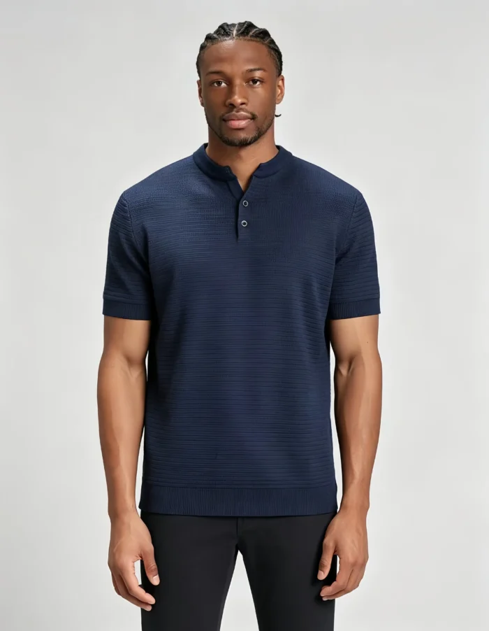 Retro Textured Henley Collar Knit Polo, Solid Slim Fit Short Sleeve Premium Pullover for Men - Image 22