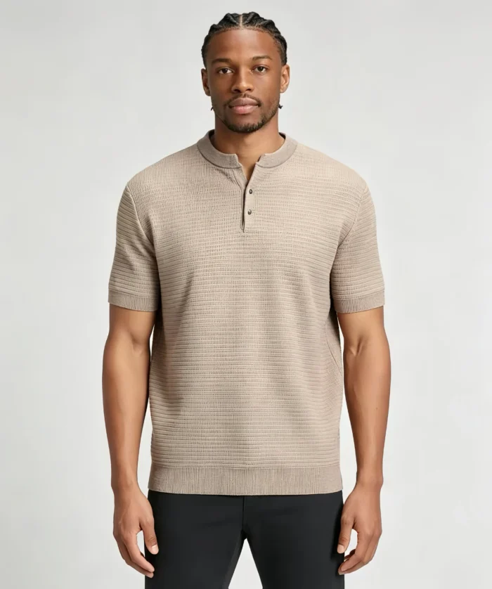 Retro Textured Henley Collar Knit Polo, Solid Slim Fit Short Sleeve Premium Pullover for Men - Image 26
