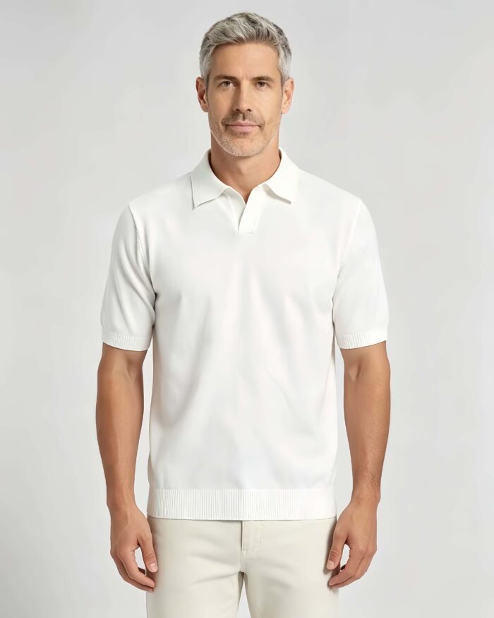 Minimalist Solid V-Collar Knit Polo, Slim Fit Short Sleeve Premium Pullover for Men - Image 17
