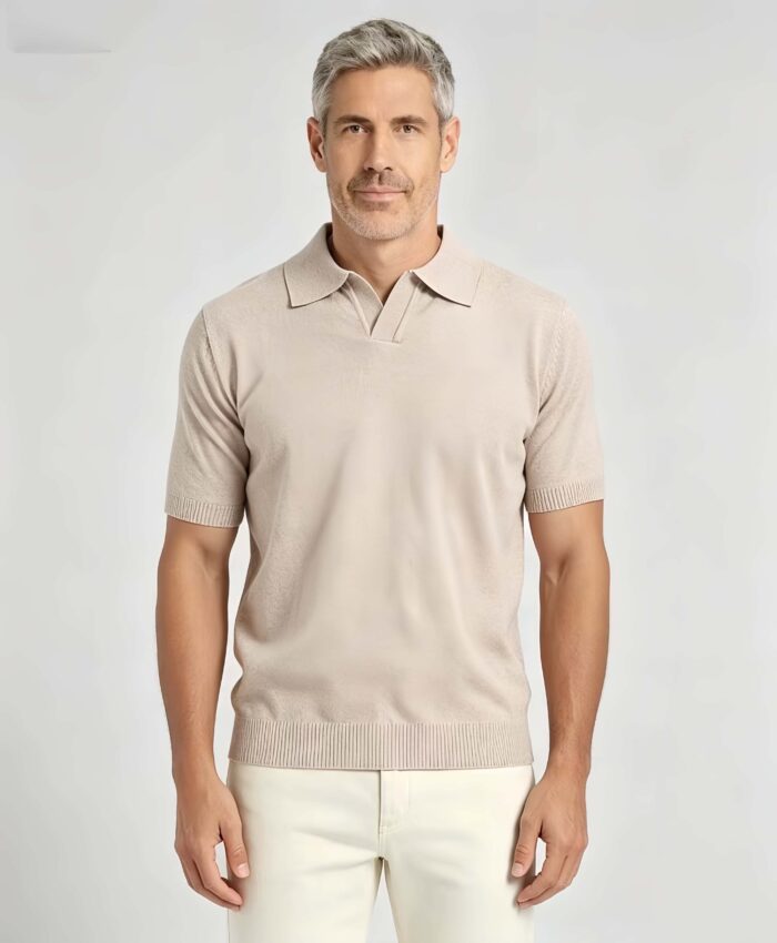 Minimalist Solid V-Collar Knit Polo, Slim Fit Short Sleeve Premium Pullover for Men - Image 13