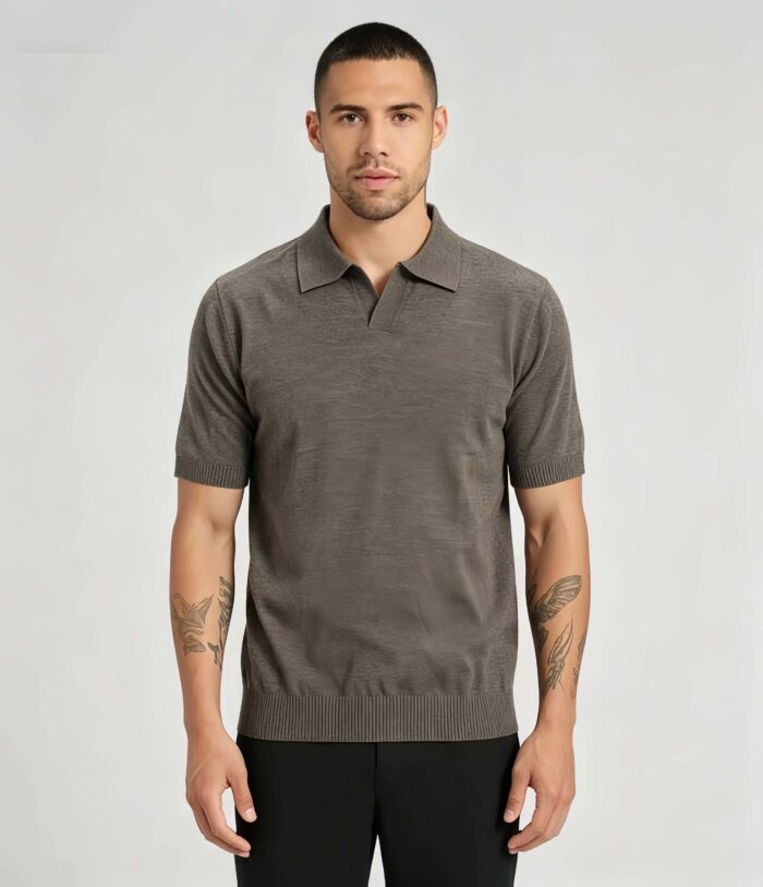 Minimalist Solid V-Collar Knit Polo, Slim Fit Short Sleeve Premium Pullover for Men - Image 4