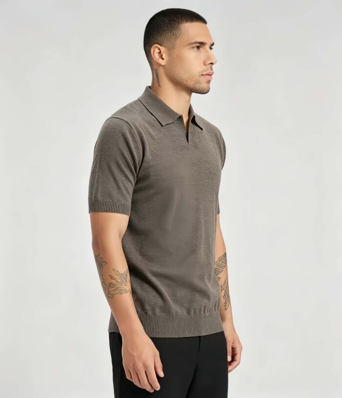 Minimalist Solid V-Collar Knit Polo, Slim Fit Short Sleeve Premium Pullover for Men - Image 3