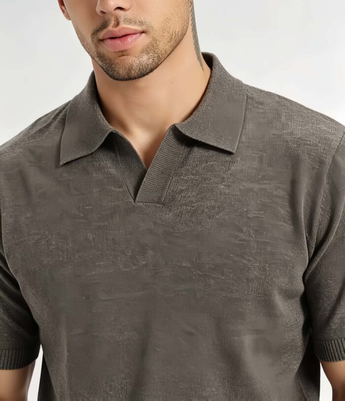 Minimalist Solid V-Collar Knit Polo, Slim Fit Short Sleeve Premium Pullover for Men - Image 2