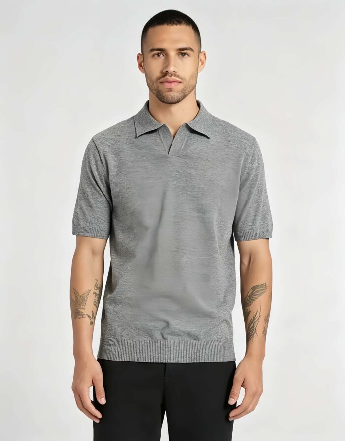 Minimalist Solid V-Collar Knit Polo, Slim Fit Short Sleeve Premium Pullover for Men - Image 9